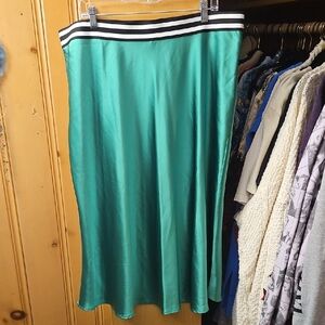 Chic Satin Midi Skirt with Striped Waistband